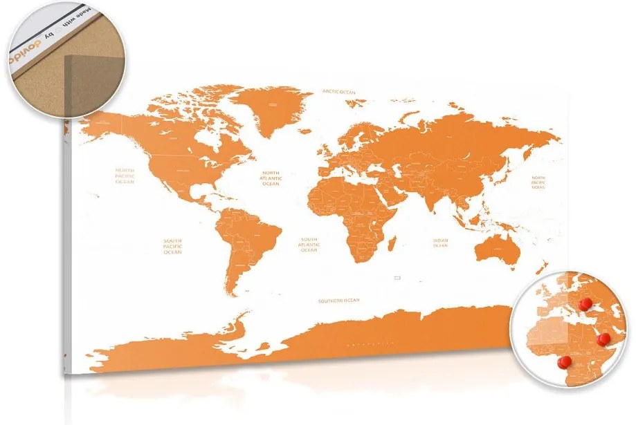 Εικόνα στον παγκόσμιο χάρτη φελλού με μεμονωμένες πολιτείες σε πορτοκαλί χρώμα - 120x80  arrow