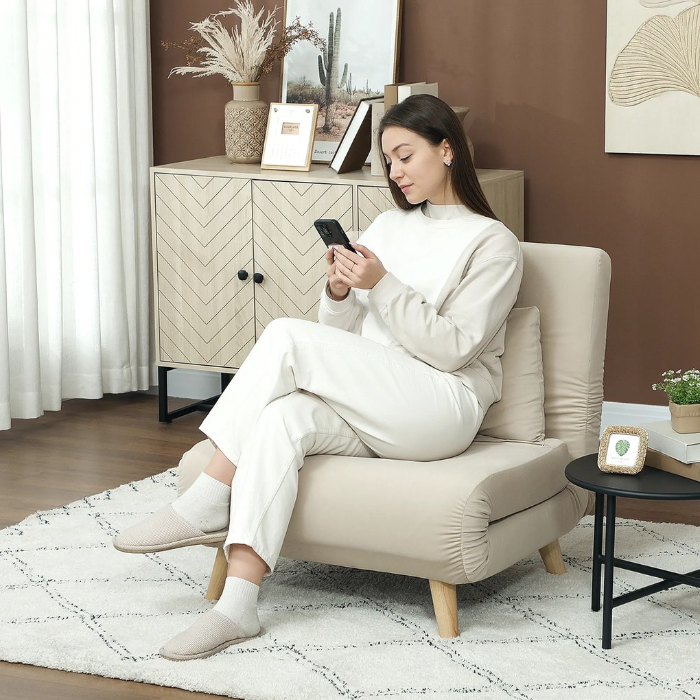 HOMCOM Πολυθρόνα-κρεβάτι με αναδιπλούμενη λειτουργία, Αναδιπλούμενη πολυθρόνα σε βελούδινη εμφάνιση, Ρυθμιζόμενη πλάτη, έως 120 kg, Μπεζ