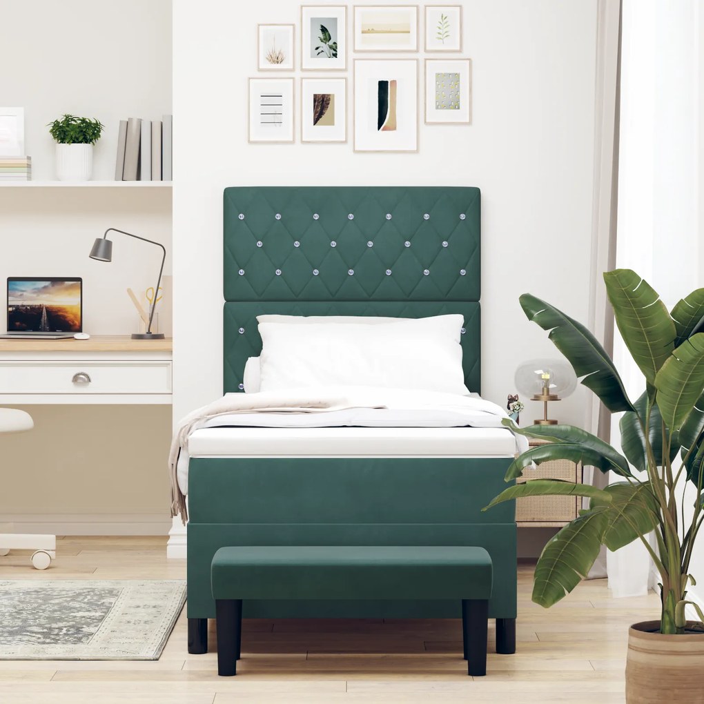 vidaXL Κρεβάτι Box Spring με Στρώμα & Πάγκο Σκούρο Πράσινο 100x200 εκ Βελούδο