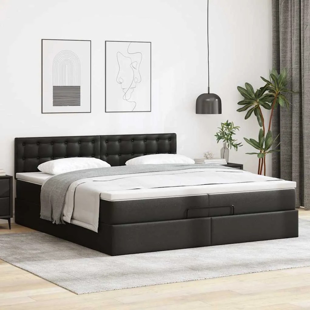 vidaXL Οθωμανικό κρεβάτι με στρώματα Μαύρο 200x200cm Faux Leather