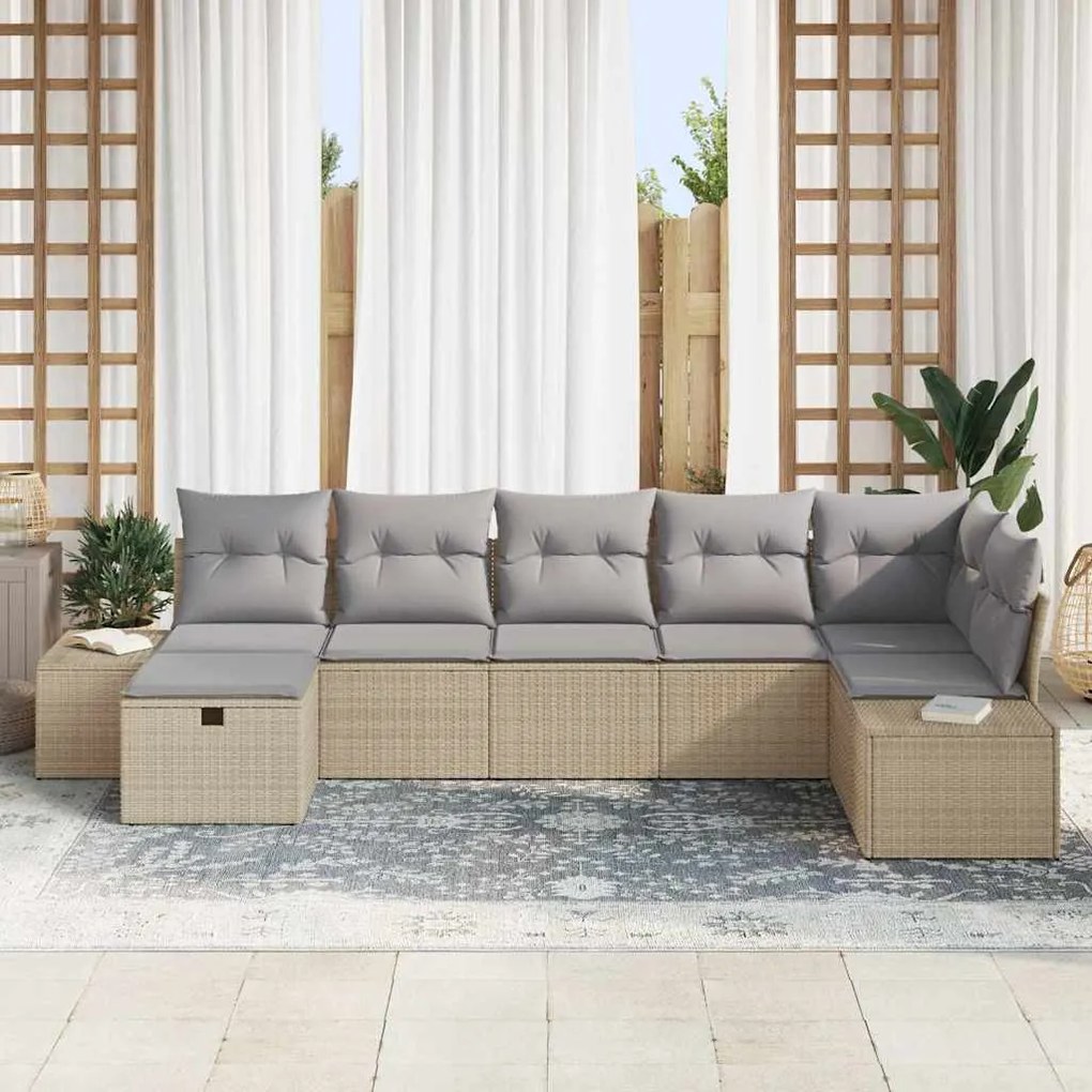 vidaXL Σετ Καναπέ Κήπου με μαξιλάρι 7 pcs Μπεζ Πολυ ράταν