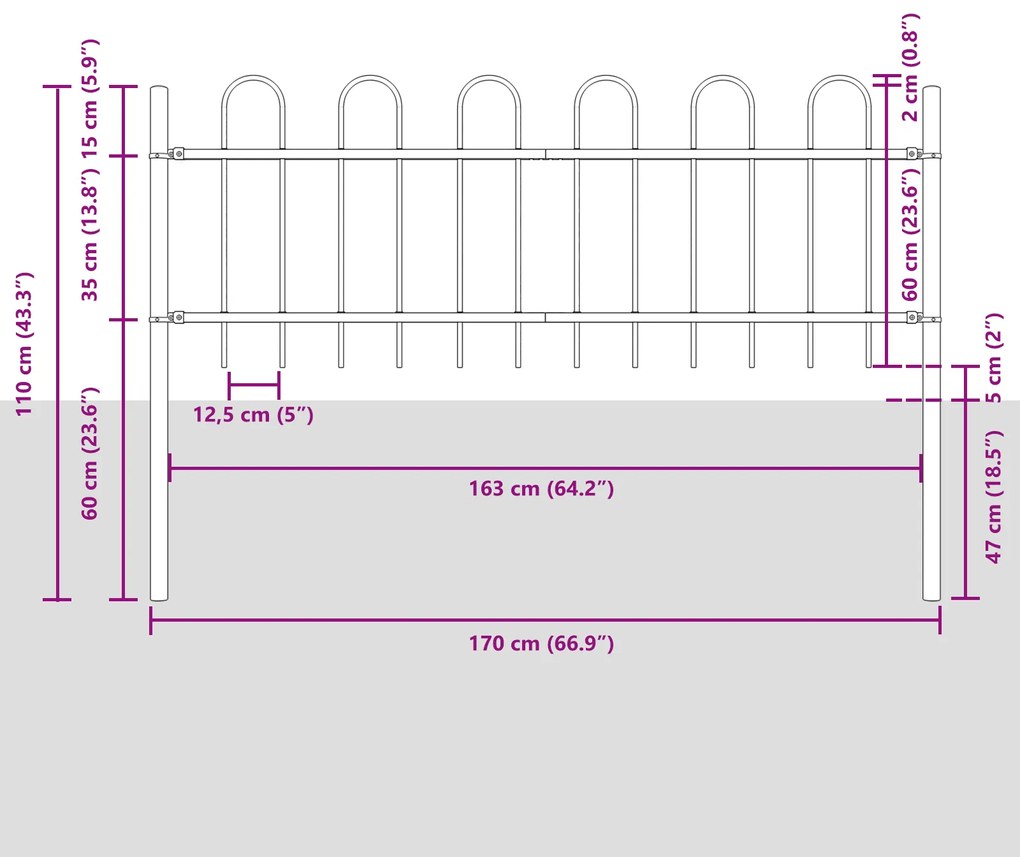 vidaXL Φράκτης κήπου  με καμπύλη πάνω, λευκός, 1,7x0,6 μ, σίδερο