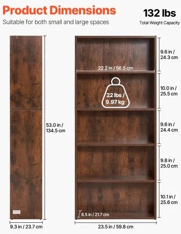 VEVOR 5 Tiers Narrow Bookshelf 53&quot; Wooden Open Bookcase Adjustable Shelf Brown