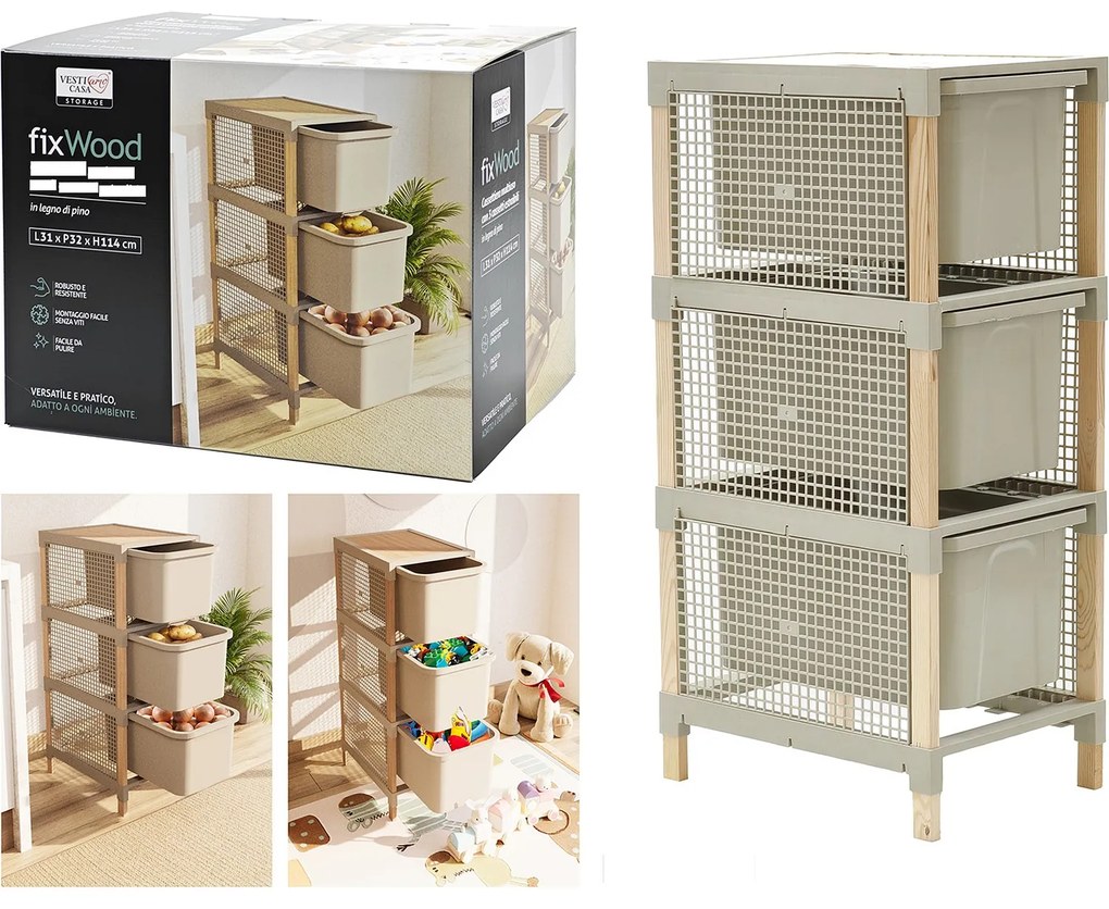 Συρταριέρα Μπεζ/Φυσικό Πλαστικό/Ξύλο 31x32x114cm