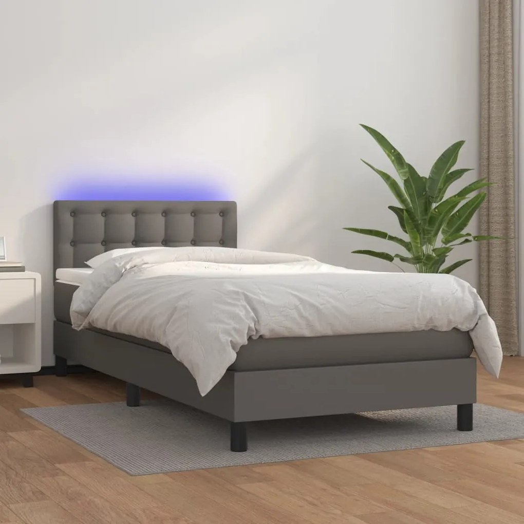 Κρεβάτι Boxspring με Στρώμα & LED Γκρι 90x200 εκ. Συνθ. Δέρμα