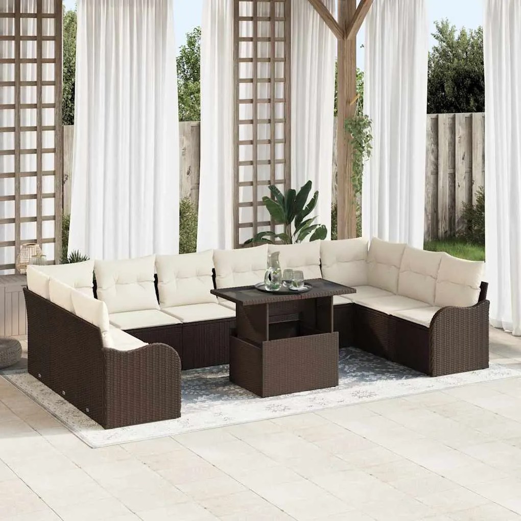 vidaXL Σετ Καναπέ Κήπου με μαξιλάρι 11 pcs Καφέ Πολυ ράταν