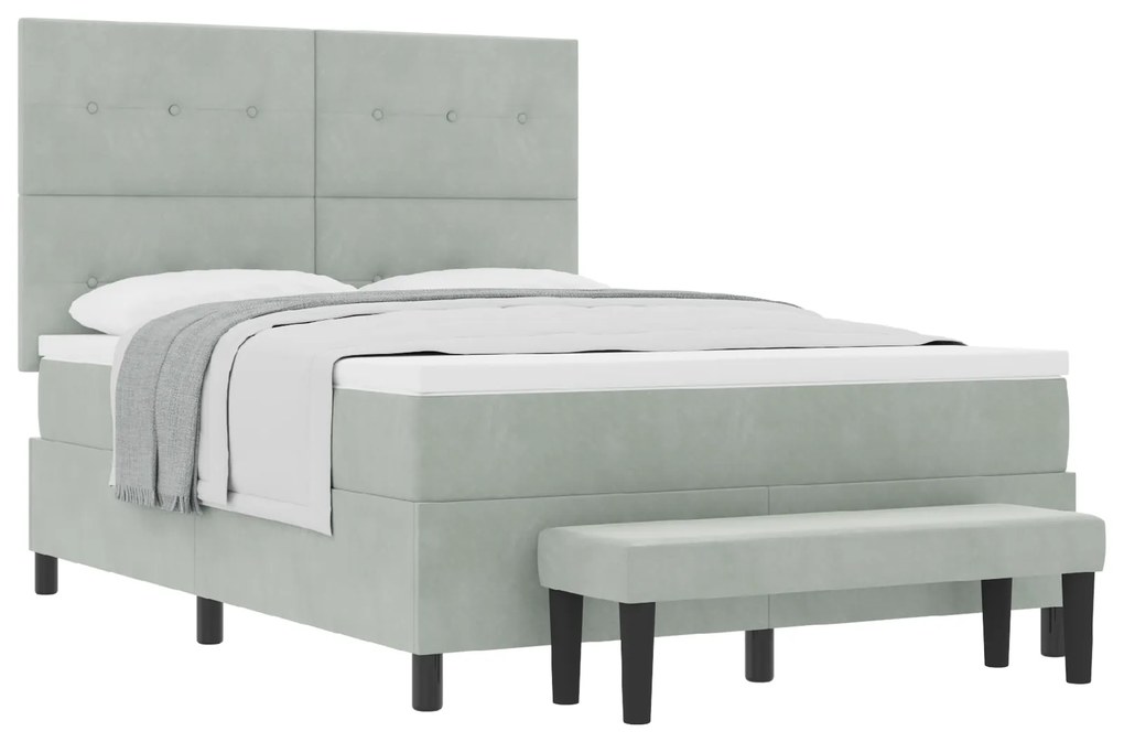 vidaXL Κρεβάτι Box Spring με Στρώμα & Πάγκο Ανοιχτό Γκρι 140x200 εκ Βελούδο