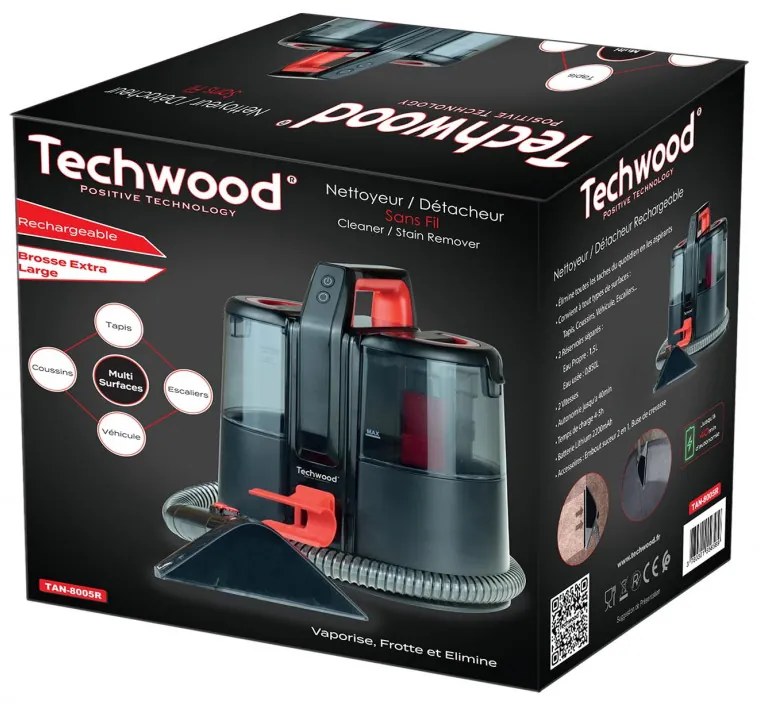 Techwood Σκούπα υφασμάτων TAN-8005R, 185W, Li-Ion 220 mAh, Ασύρματο, Δεξαμενή νερού καθαρισμού και αποβλήτων, 40 λεπτά αυτονομία, 2 ταχύτητες, Μαύρο/κόκκινο