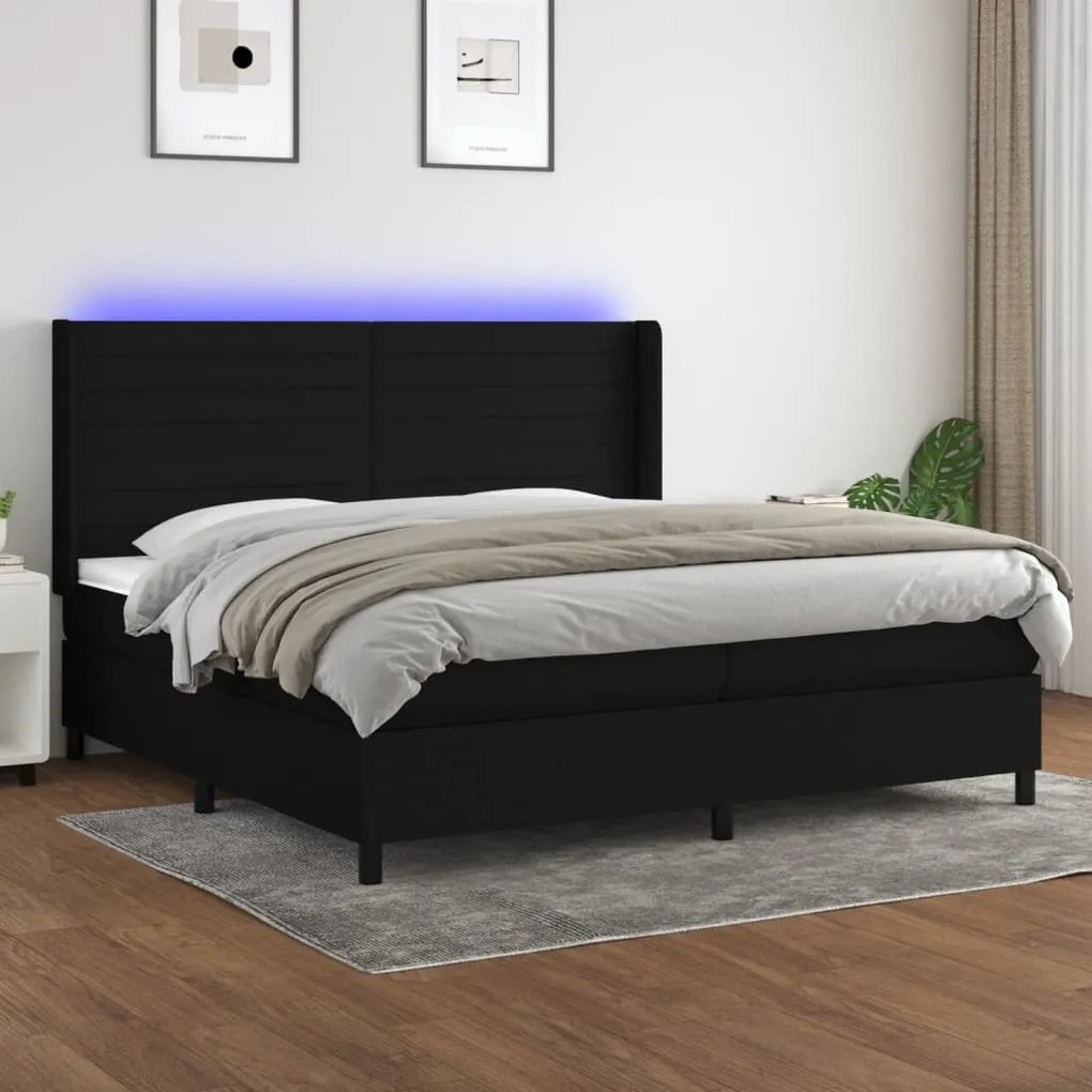 Κρεβάτι Boxspring με Στρώμα & LED Μαύρο 200x200 εκ. Υφασμάτινο