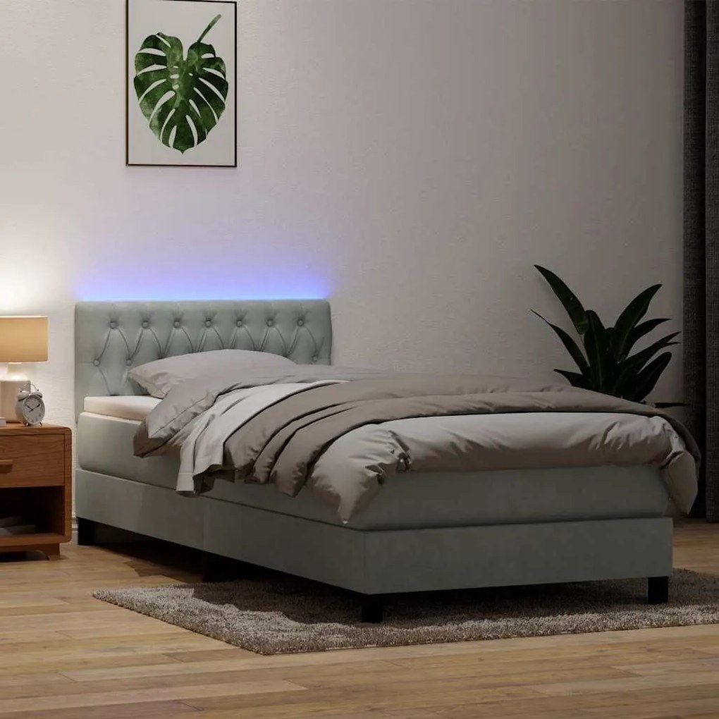 vidaXL Κρεβάτι Boxspring με Στρώμα &amp; LED Ανοιχτό Γκρι 80x210 εκ. Βελούδινο