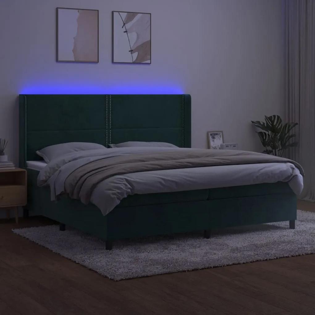 vidaXL Κρεβάτι Boxspring με Στρώμα & LED Σκ. Πράσινο 200x200εκ Βελούδο