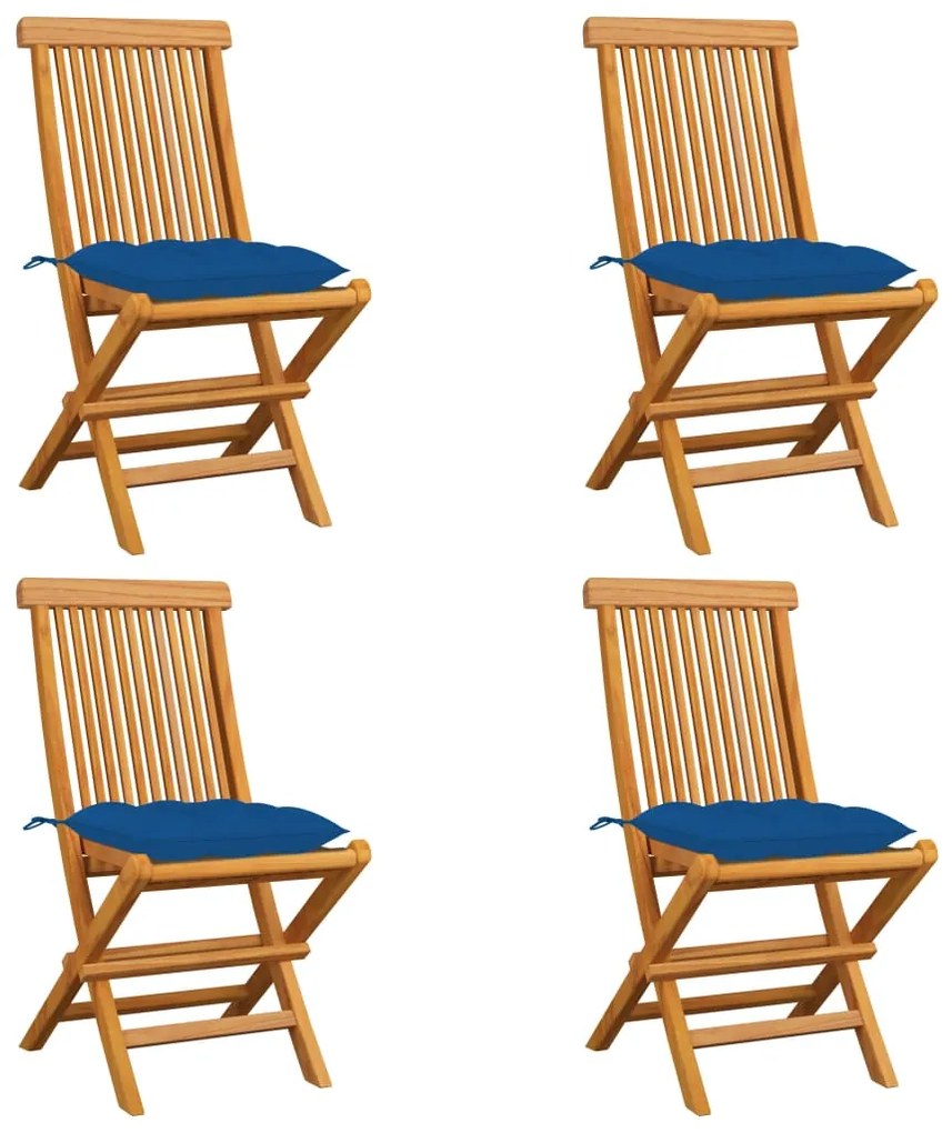 Καρέκλες Κήπου 4 τεμ. από Μασίφ Ξύλο Teak με Μπλε Μαξιλάρια