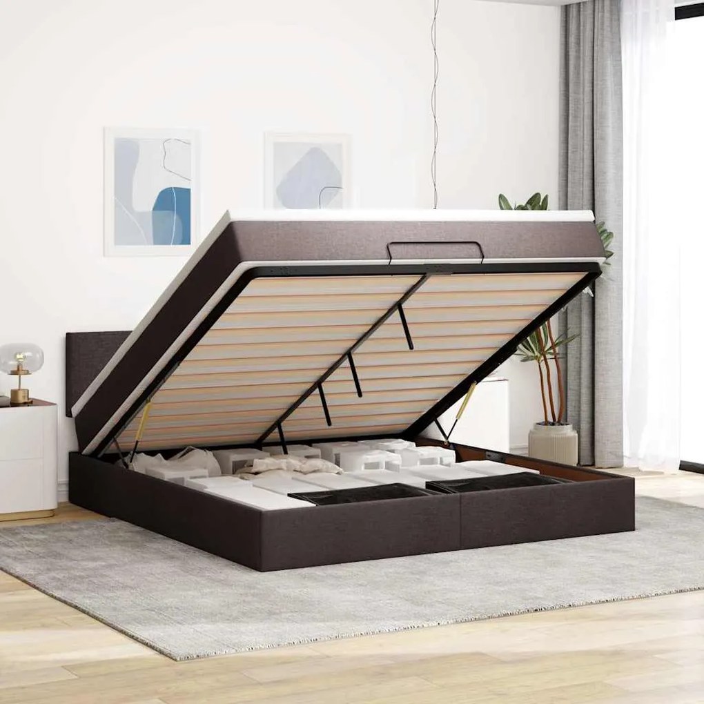 vidaXL Οθωμανικό κρεβάτι με στρώμα & LEDs Σκούρο καφέ 180x200cm ύφασμα