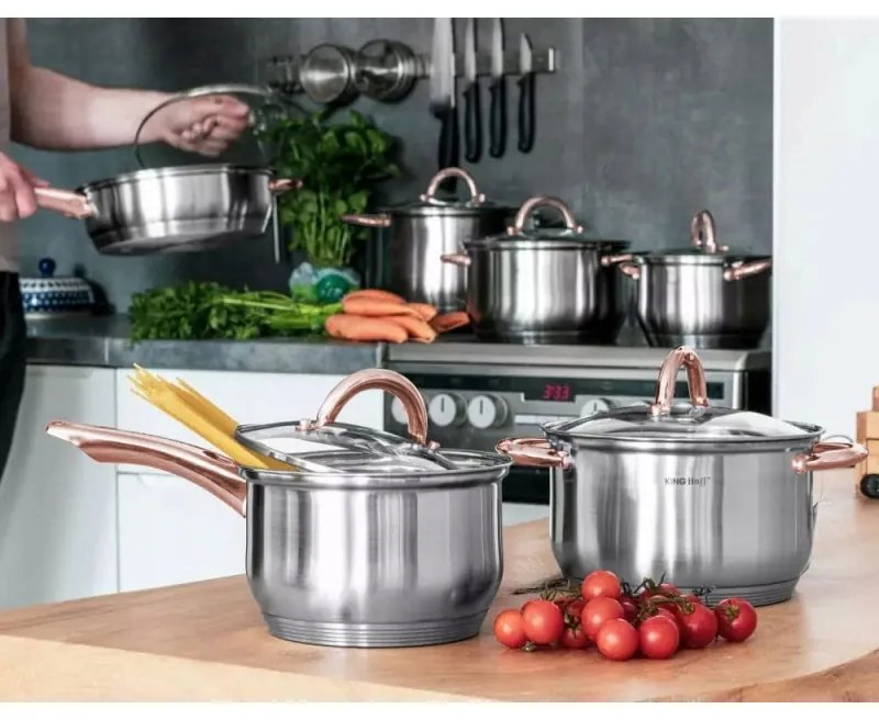 Σετ μαγειρικά σκεύη Kinghoff KH 1763, 8 τεμαχίων, 2.1-6.6 l, Επαγωγή, Inox/χάλκινο χρώμα