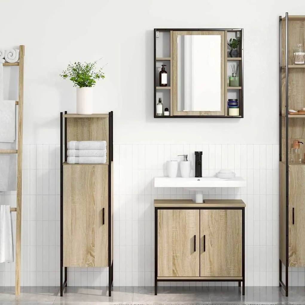 vidaXL Σετ Επίπλων Μπάνιου με ράφι 3 pcs Καφέ Επεξεργασμένο ξύλο