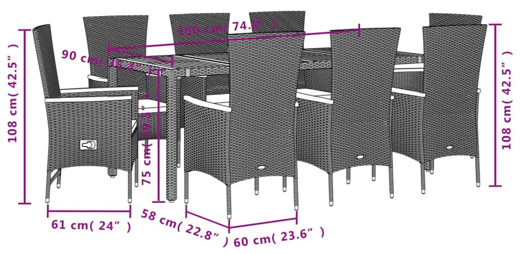 vidaXL Σετ Τραπεζαρίας Κήπου 9 τεμ Μαύρο από Συνθ. Ρατάν με Μαξιλάρια