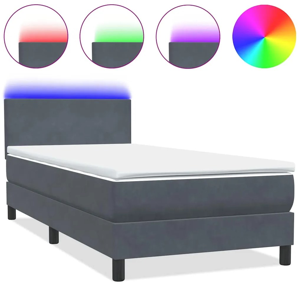 vidaXL Κρεβάτι Boxspring με Στρώμα & LED Σκούρο Γκρι 100x210 εκ. Βελούδινο