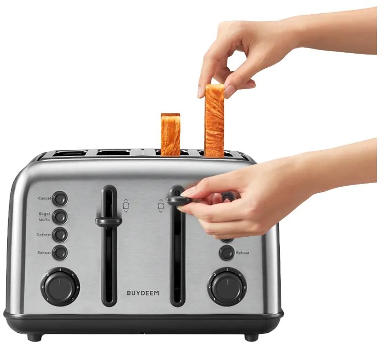 Τοστιέρα ψωμιού BUYDEEM DT640E, 1800W, 4 υποδοχές, 7 αυτόματα προγράμματα, 7 επίπεδα φρυγανίσματος, ενδεικτικές λυχνίες LED, δίσκοι ψίχας, High pop-up, Inox