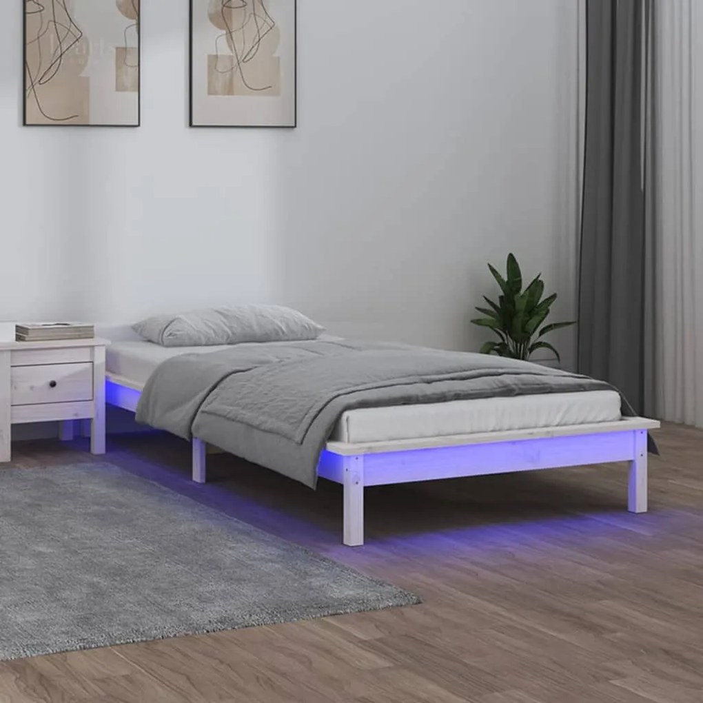 vidaXL Πλαίσιο Κρεβατιού LED Λευκό 90 x 190 εκ. Μονό Μασίφ Ξύλο