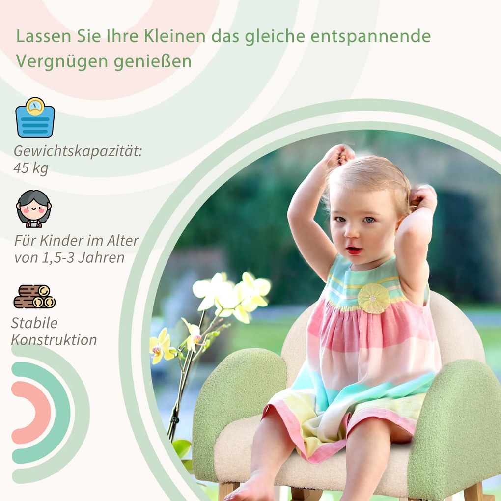 HOMCOM Κουνιστή πολυθρόνα για νήπια, χαριτωμένο σχέδιο, απομίμηση δέρματος προβάτου, ξύλο ευκαλύπτου, πράσινο + κίτρινο μπεζ