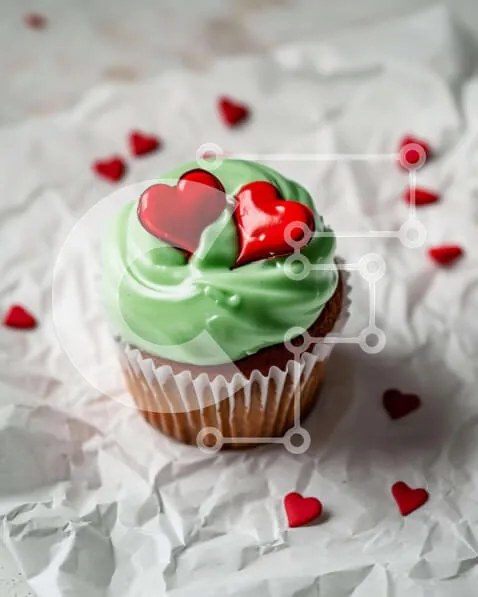 Σετ των 2 Intra Συλλεκτικό Ξύλινο Παζλ Plywood  4mm - Cupcake με Green Frosting και Κόκκινες Καρδιές Σε Ξύλινο Κουτί - Διαστάσεις: 10x10 cm – 25 κομμάτια