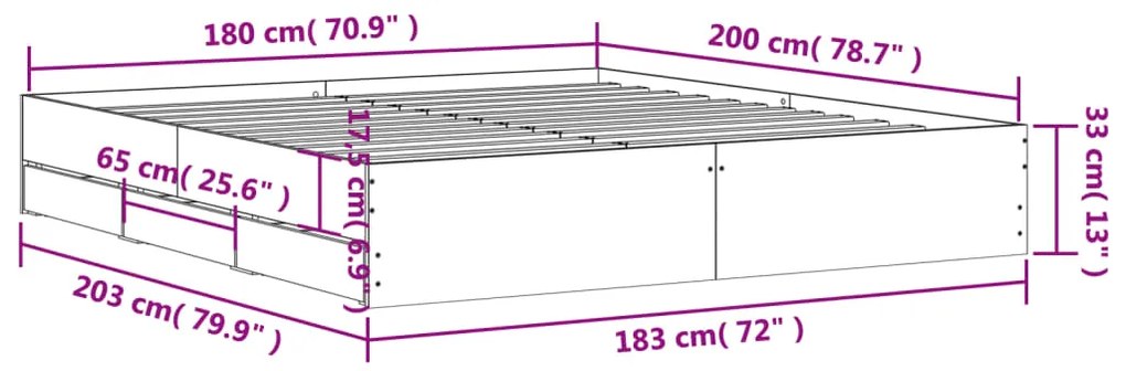 Πλαίσιο Κρεβατιού με συρτάρια Καφέ δρυς 180x200 εκ. Επεξ. Ξύλο - Καφέ