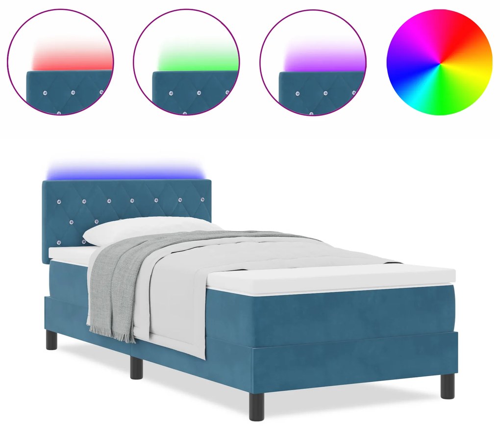 vidaXL Κρεβάτι Box Spring με Στρώμα & LED Σκούρο Μπλε 90x200 εκ Βελούδο