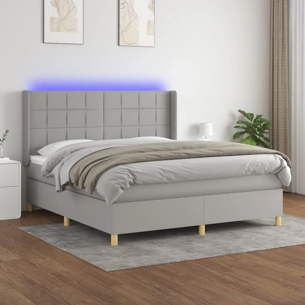 vidaXL Κρεβάτι Boxspring με Στρώμα & LED Αν.Γκρι 180x200εκ. Υφασμάτινο