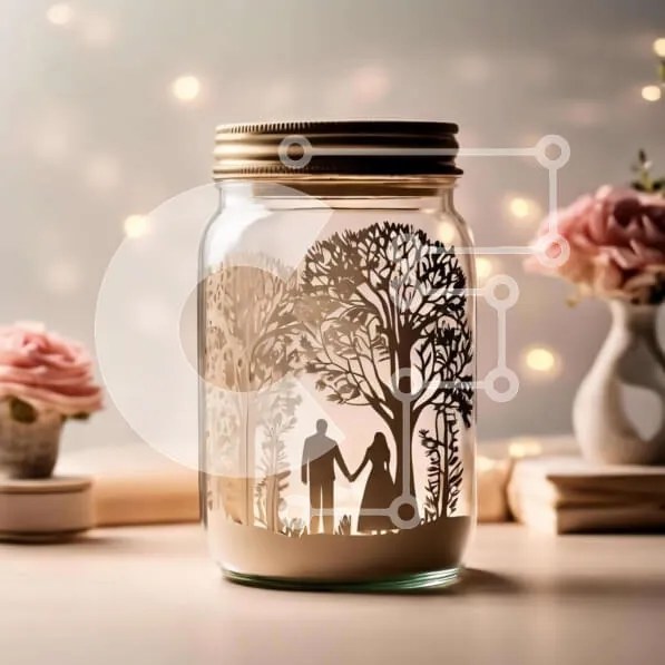 Intra Συλλεκτικό Ξύλινο Παζλ Plywood  4mm - Mason Jar με σιλουέτα δύο ανθρώπων στο δάσος Σε Ξύλινο Κουτί - Διαστάσεις Puzzle: 10x10 cm – 25 κομμάτια