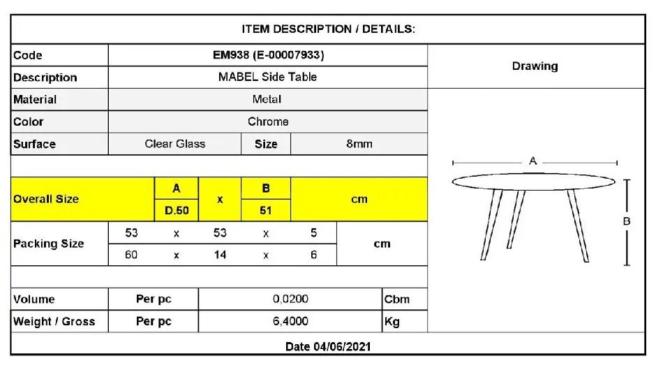 MABEL ΤΡΑΠΕΖΑΚΙ ΒΟΗΘΗΤΙΚΟ ΜΕΤΑΛΛΟ ΧΡΩΜΙΟ - ΓΥΑΛΙ CLEAR TEMPERED 8MM