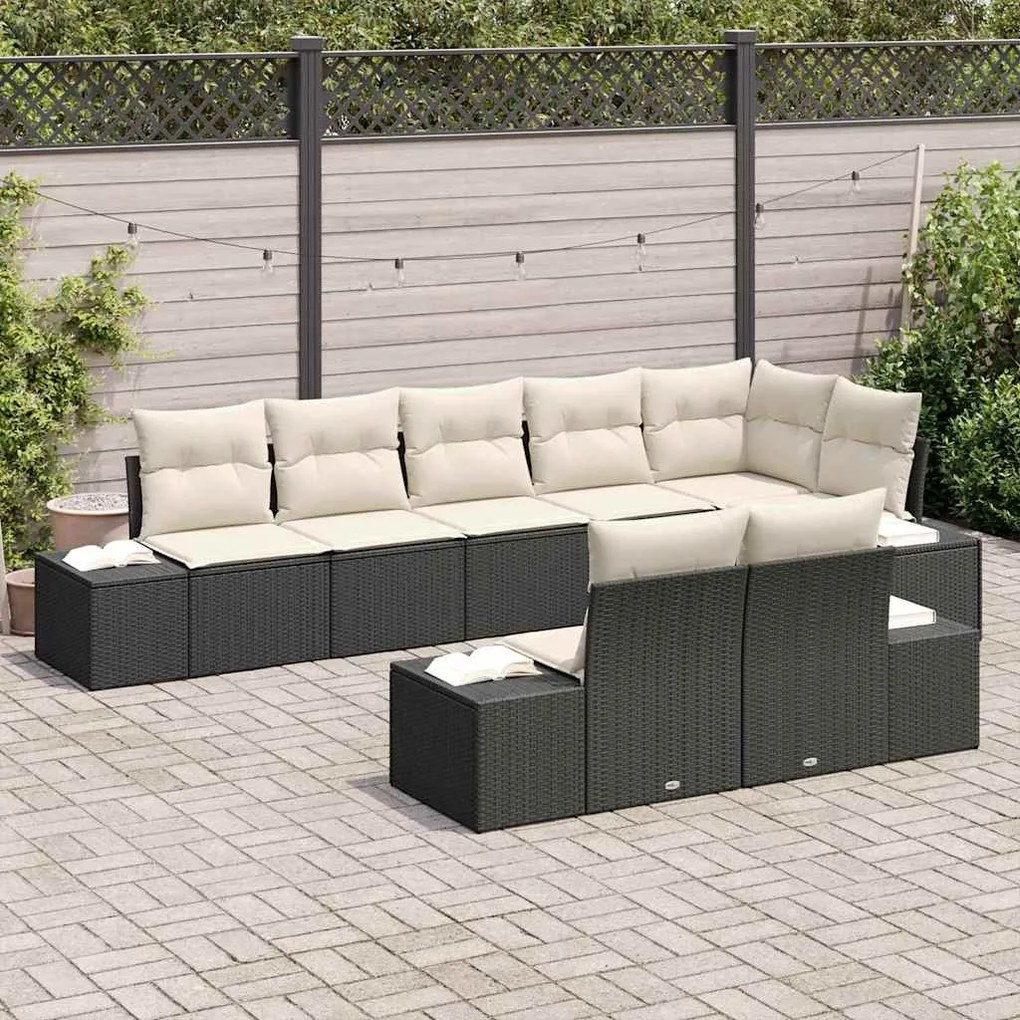 vidaXL Σετ Καναπέ Κήπου με μαξιλάρι 8 pcs Μαύρο και Κρεμ Πολυ ράταν