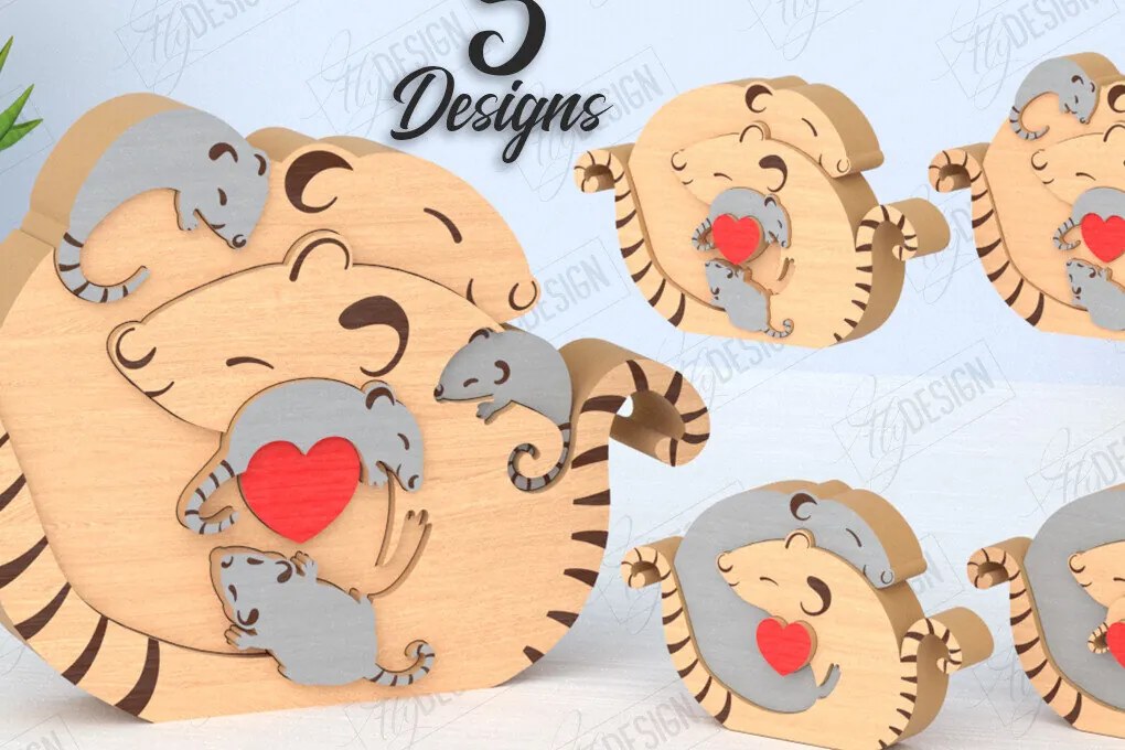 Σετ των 2 Intra απο ξύλο plywood 3mm-4mm πάχος – Πακέτο κοπής με λέιζερ παζλ Rats Family | CNC Δίασταση 20x20 cm INTRAFABR-119896300