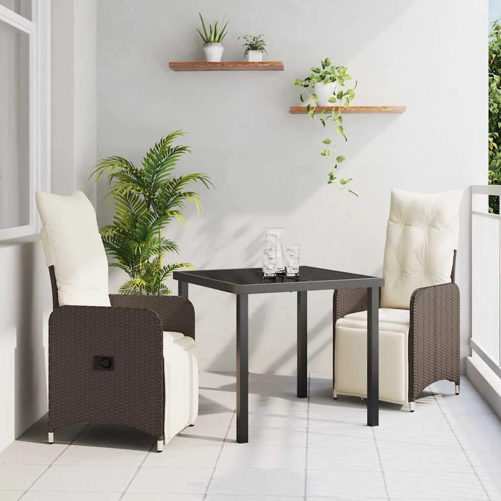 vidaXL Σέτ φαγητού για κήπο με μαξιλάρι 3 pcs Καφέ Πολυ ράταν