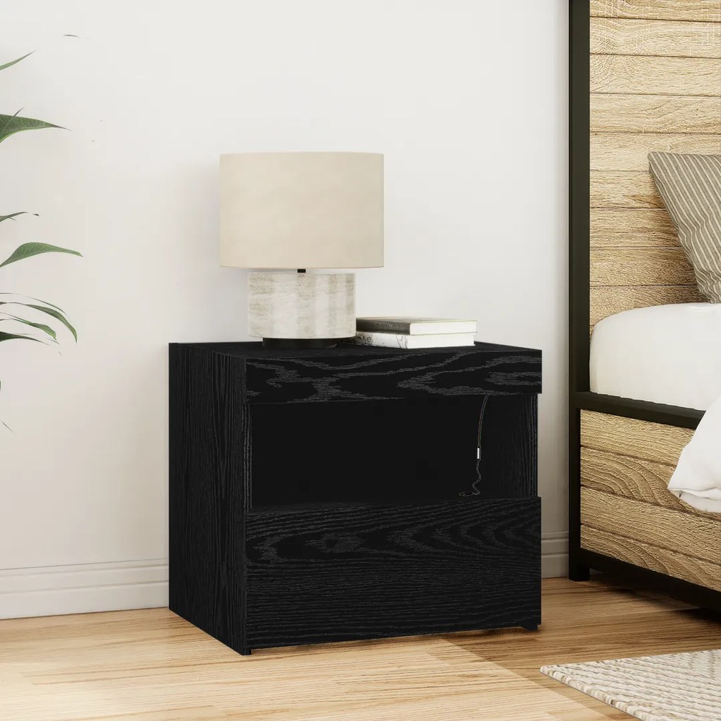 vidaXL Κομοδίνα με LED Φωτισμό 2 τμχ Μαύρη Δρυς 50x40x45 εκ.