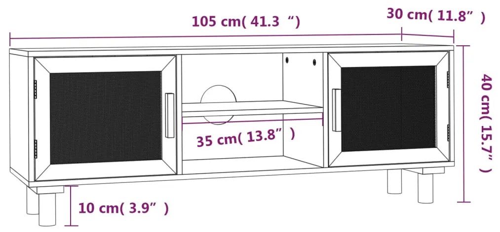 Έπιπλο Τηλεόρασης Λευκό 105x30x40 εκ Μασίφ Πεύκο &amp; Φυσικό Ρατάν - Λευκό