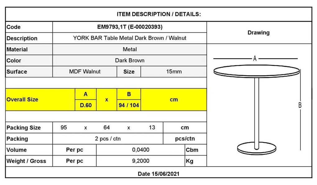 Τραπέζι YORK BAR Φ60cm Μεταλική Σκ.Καφέ/Καρυδί (Σετ 2 ΤΕΜ)