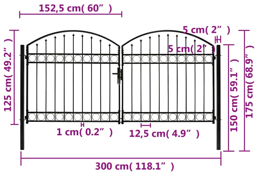 vidaXL Καγκελόπορτα Διπλή με Αψιδωτή Κορυφή Μαύρη 300x125 εκ. Ατσάλινη