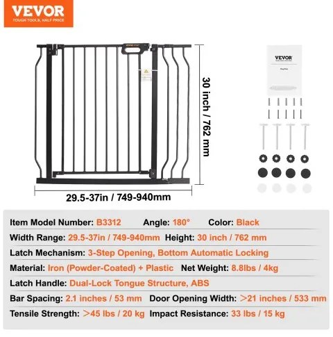 VEVOR Baby Gate, 29.5&quot;-39&quot; Extra Wide, 30&quot; High, Dog Gate for Stairs Doorways and House, Easy Step Walk Thru Auto Close Child Gate Pet Security Gate with Pressure Mount Kit and Wall Mount Kit, Black