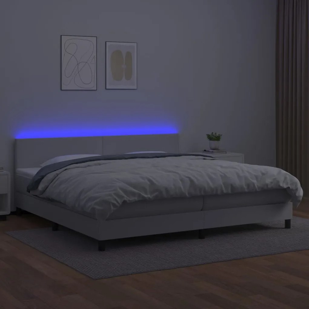 Κρεβάτι Boxspring με Στρώμα &amp; LED Λευκό 200x200 εκ. Συνθ. Δέρμα - Λευκό