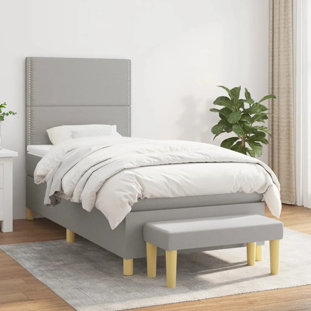 Κρεβάτι Boxspring με Στρώμα Ανοιχτό Γκρι 90x190 εκ. Υφασμάτινο