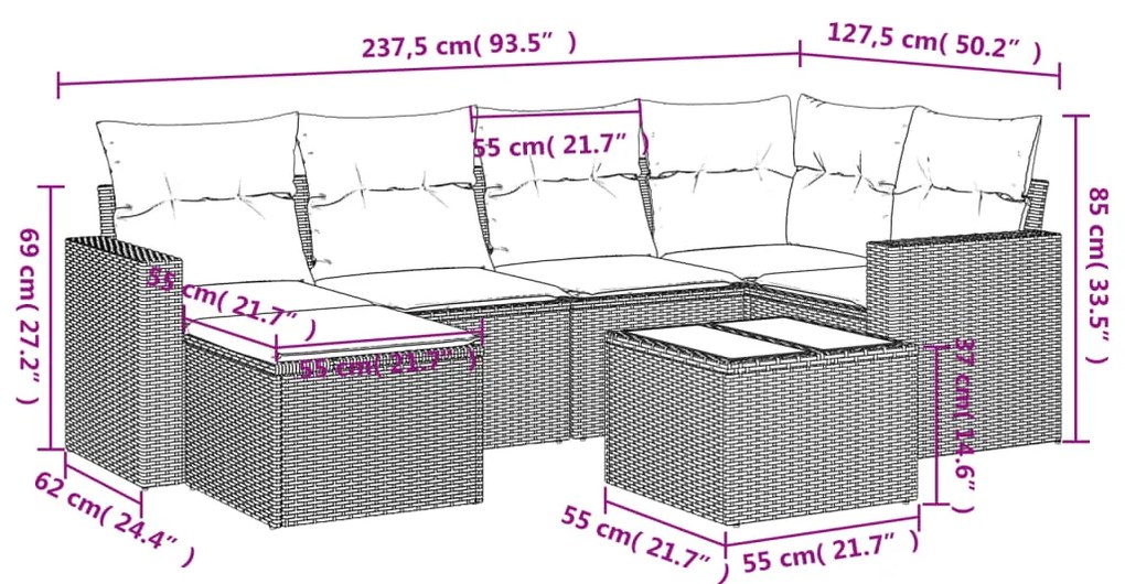 vidaXL Σαλόνι Κήπου Σετ 7 Τεμαχίων Καφέ Συνθετικό Ρατάν με Μαξιλάρια