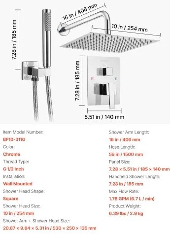 VEVOR Shower Faucet Set 10&quot; Square Rain Shower Head and Hand Set Silver Chrome