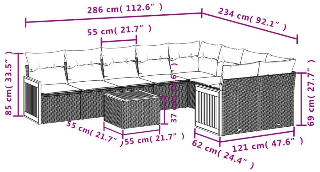 vidaXL Σετ Καναπέ Κήπου 10 τεμ. Μπεζ Συνθετικό Ρατάν με Μαξιλάρια
