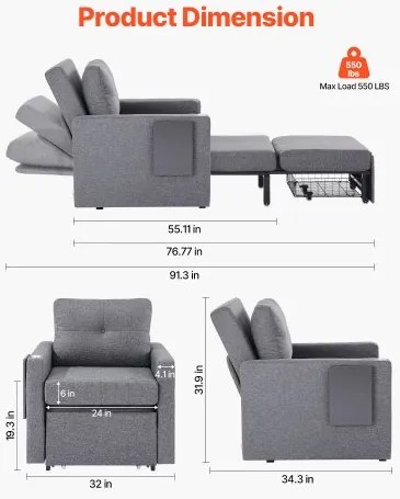 VEVOR Sleeper Sofa Bed with Side Pocket Pillow Desk Board 5 Adjustable Backrest