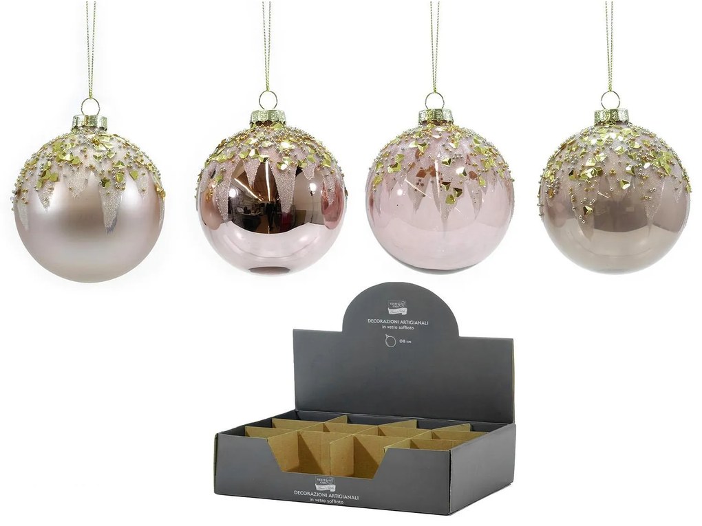Μπάλα Με Glitter Διακόσμηση Ροζ Γυαλί Φ8cm Σε 4 Σχέδια