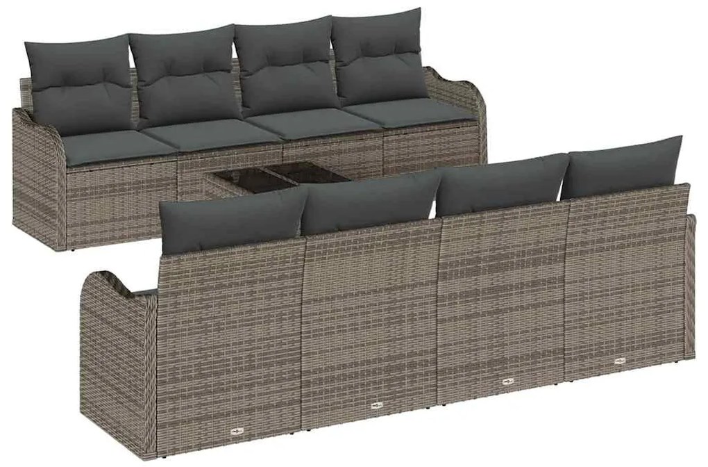 vidaXL Σετ Καναπέ Κήπου 9 pcs Γκρι Πολυ Ρατάν και Ατσάλι και Γυαλί