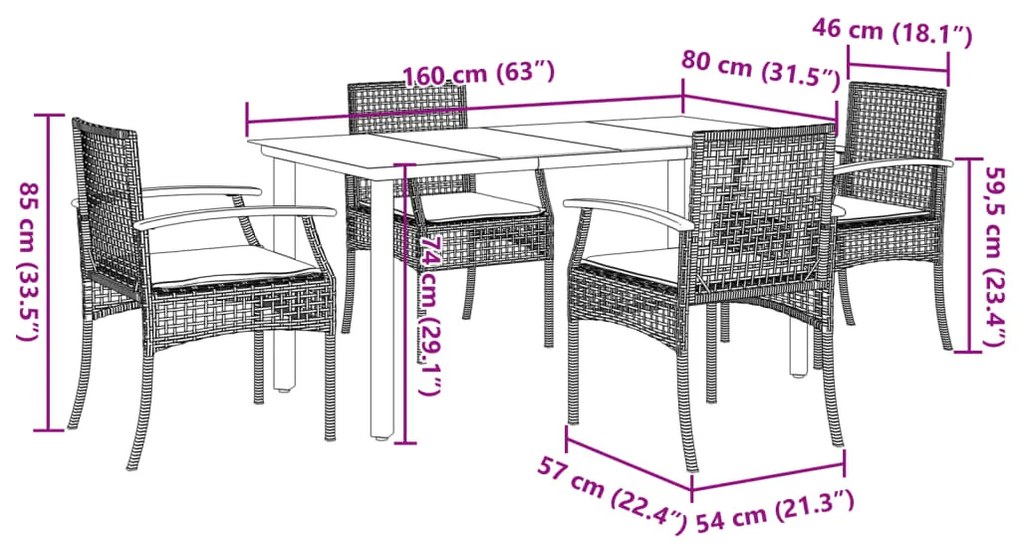 vidaXL Σετ Τραπεζαρίας Κήπου 5 τεμ. Γκρι Συνθ. Ρατάν με Μαξιλάρια