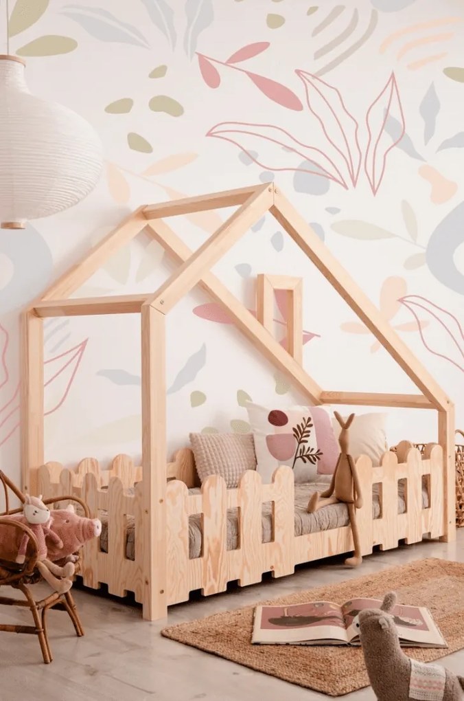 Kρεβάτι Παιδικό Montessori Small House με Κάγκελα + Καμινάδα σε Φυσικό  Ξύλο  80×180cm  Adeko (Δώρο 10% έκπτωση στο Στρώμα)