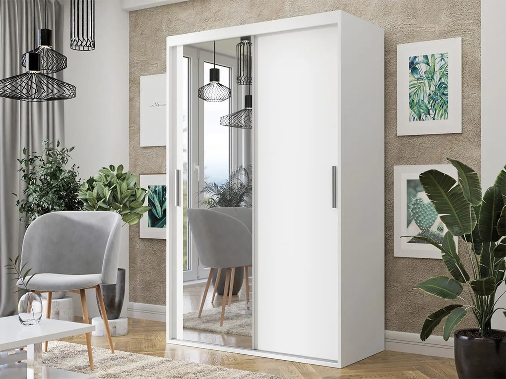 Ντουλάπα Miami 242, Άσπρο, 205x120x60cm, 118 kg, Πόρτες ντουλάπας: Ολίσθηση, Αριθμός ραφιών: 4, Αριθμός ραφιών: 4 | Epipla1.gr