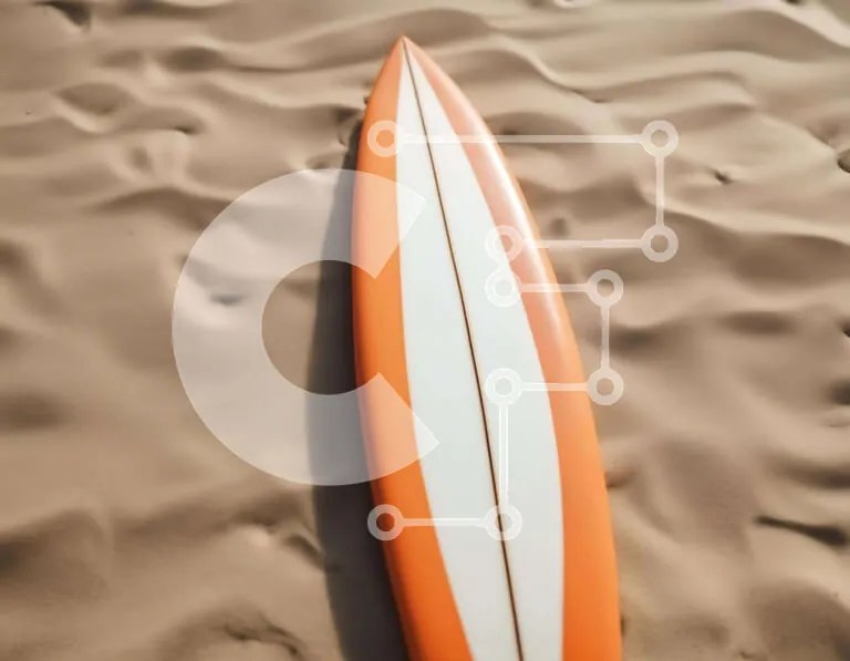 Intra Συλλεκτικό Ξύλινο Παζλ Plywood  4mm - Πορτοκαλί και λευκή σανίδα του σερφ στην παραλία Σε Ξύλινο Κουτί - Διαστάσεις Puzzle: 10x10 cm – 25 κομμάτια